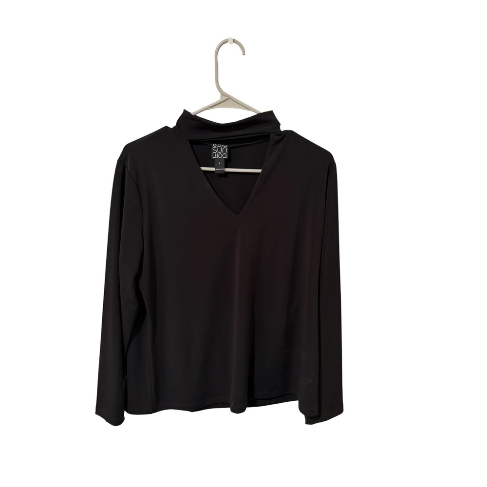 Clara Sunwoo Size Large Black Mock Neck V-Cutout Long Sleeve Top Made in USa